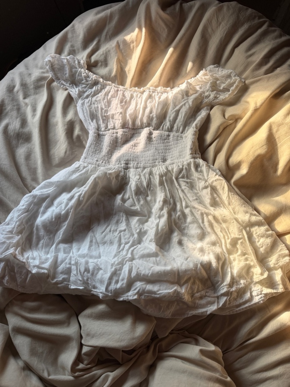 Hollister White Off-Shoulder Smocked Waist Mini Dress with shorts under